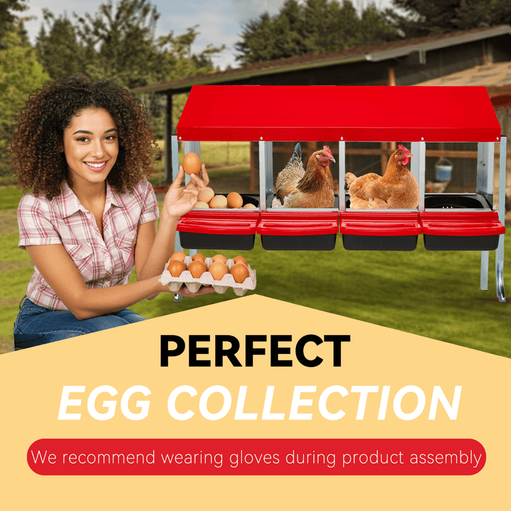 EROMMY Chicken Nesting Box, 4 Compartment Metal Chicken Laying Box, Chicken Brooder Box with Egg Collection for Chicken Coop, Wall Mount or Free Standing, Red