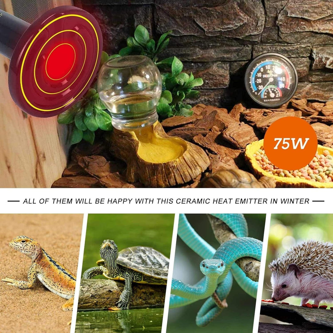 75W Ceramic Heat Lamp, Infrared Reptile Heat Emitter Heater Lamp Bulb for Pet Brooder Coop Chicken Lizard Turtle Snake Aquarium, No Light Emitting No Harm - 2 Pack