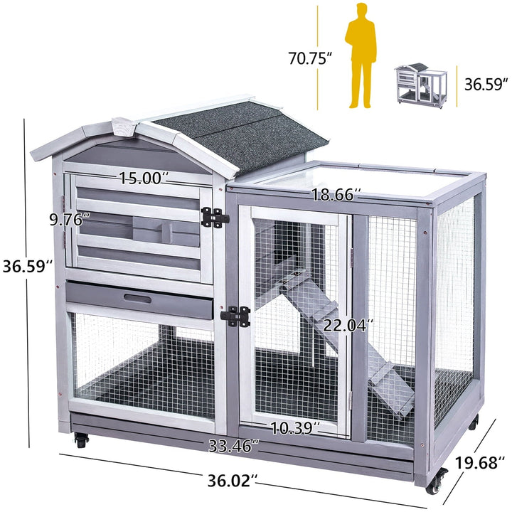 Rabbit Hutch Indoor Rabbit Cage Outdoor, Wooden Bunny Cages for Guinea Pig with Wheels, Removable Tray, Ramp