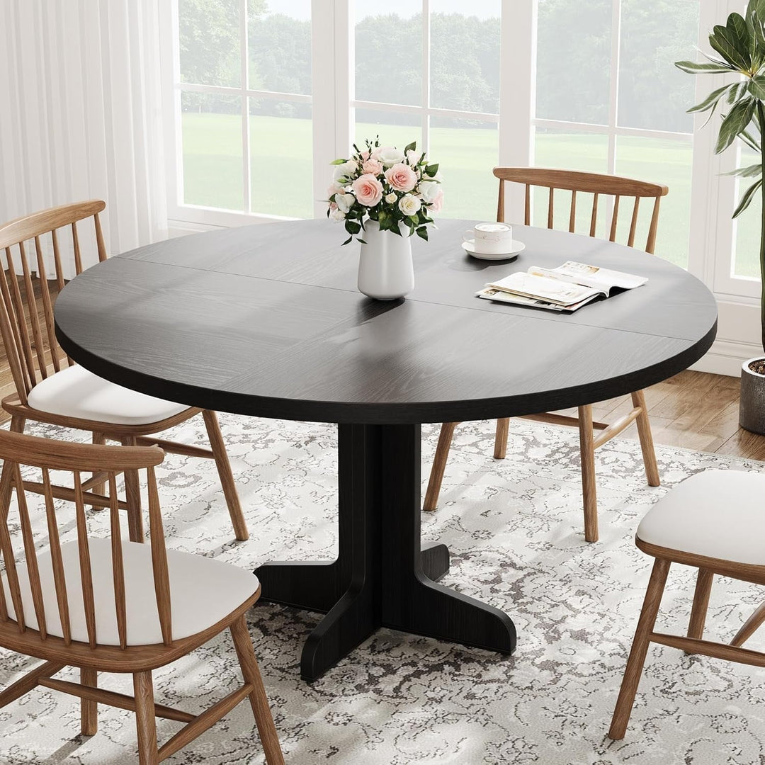 Round Dining Table for 4, 47 in Rustic Kitchen Table with Wooden Base, Sturdy Metal Frame, Multifunctional Design, Easy Assembly for Dining Room, Living Room, Farmhouse Decor