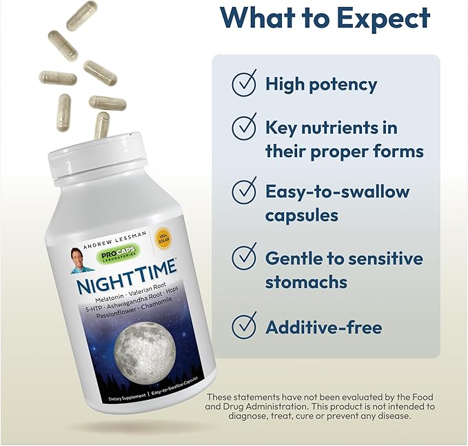 ANDREW LESSMAN Night Time 30 Capsules - 3mg Melatonin, Valerian, Ashwagandha, Passionflower, Hops, Chamomile. No Morning Hangover. Natural Support, Gentle Restful Sleep. Easy to Swallow Capsules