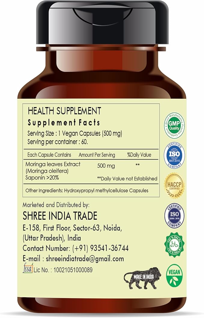 Moringa Extract 500mg - 60 Vegetarian Capsules | Moringa Oleifera | All Natural | 100% Vegan | Gluten-Free | GMP Certified.