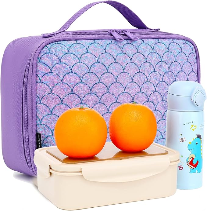 FlowFly Kids Lunch box Insulated Soft Bag Mini Cooler Back to School Thermal Meal Tote Kit for Girls, Boys,Glitter-Purple