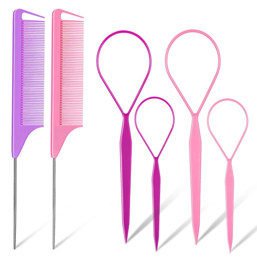 TsMADDTs Hair Loop Tool Set, 6Pack with 2Pairs French Braid Tool Loop 2Pcs Rat Tail Comb for Hair Styling, Purple&Pink