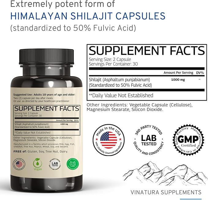 Shilajit for Men and Women - 1000mg Pure Himalayan Shilajit Capsules, standardized to 50% Fulvic Acid - 60 Capsules
