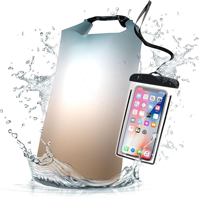 Waterproof Dry Bag,Roll Top Teal Beige Ombre Small Waterproof Backpack 5L/10L/20L Floating and Lightweight Bags for Kayaking, Boating, Fishing, Swimming and Camping with Waterproof Phone Case