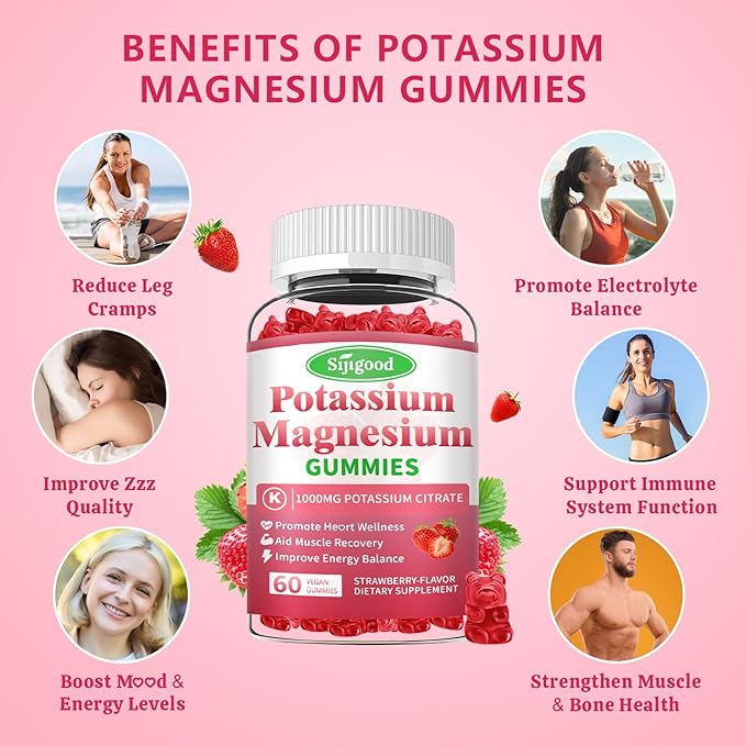 2 Pack Potassium Magnesium Gummies, High Absorption Magnesium Potassium Supplement with Vitamin B6 for Leg Cramps & Muscle Health, Strawberry, 120 Count