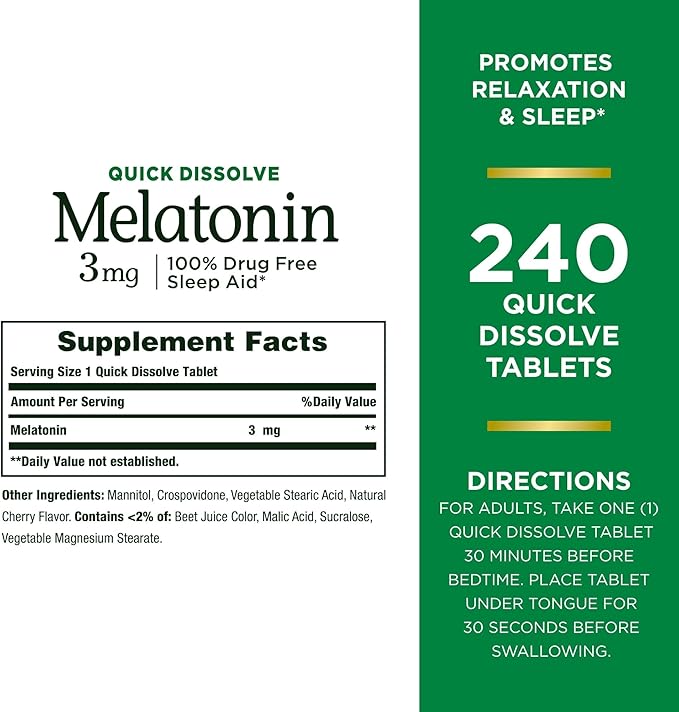 Nature's Bounty Melatonin 3mg, 100% Drug Free Sleep Aids for Adults, Supports Relaxation and Sleep, Dietary Supplement, 240 Count (Pack of 2)