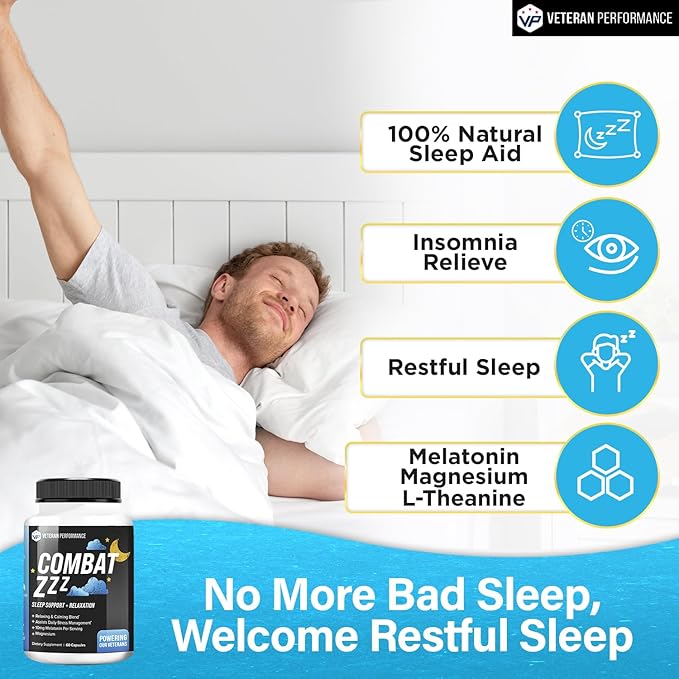 Combat ZZZ Natural Sleep + Relaxation Aids for Adults – Sleep Supplement with Melatonin L-Theanine Vitamin B6 GABA Magnesium Sleep Aid (60 Pills) (60 Count (Pack of 1))