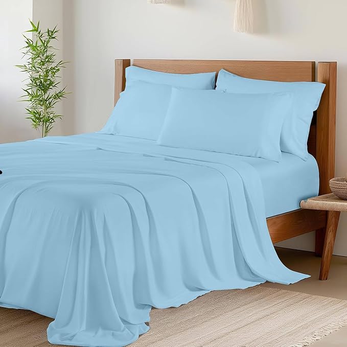Cotton Blend 4-Piece Bed Sheets Set Queen Size, Light Blue Queen Sheets, Long-Staple Cotton Bed Sheets for Bed, Soft & Silky Sateen Weave 15-Inch Elasticized Deep Pocket (Queen,Light Blue)