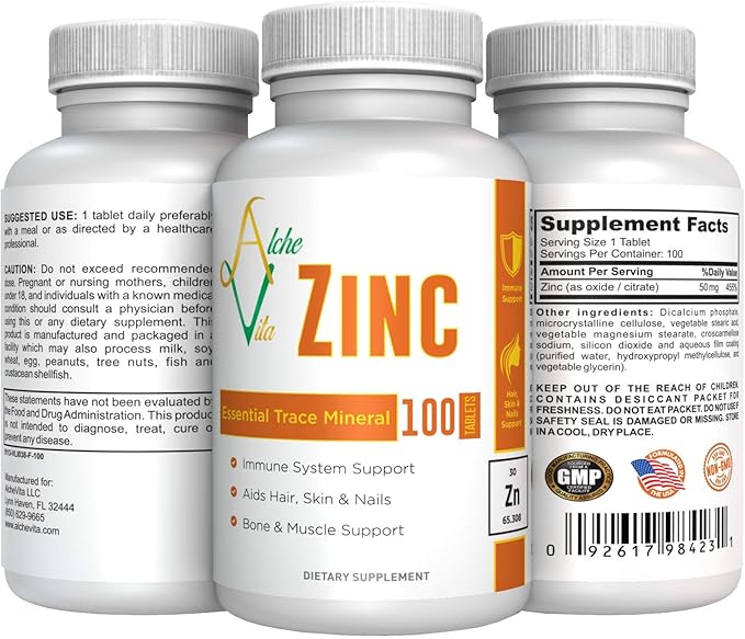AlcheVita Zinc 50mg – High Bio-Availability – Essential Trace Mineral – Supplement for Immune Support, Bones, Skin & Muscle Support