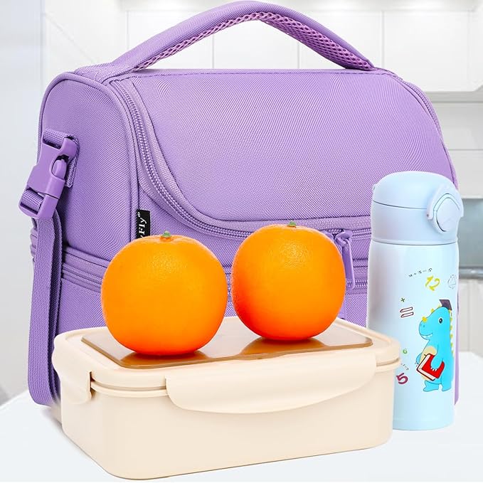 FlowFly Double Decker Cooler Insulated Lunch Bag Large Tote for Boys, Girls, Men, Women, with Adjustable Strap,Purple