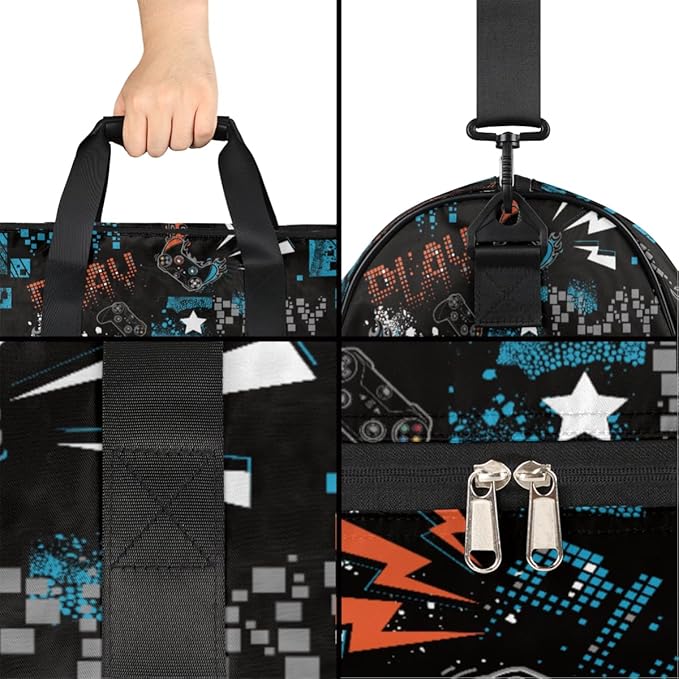Joystick Game Dry Wet Depart Duffle Overnight Bag with Shoes Compartment & Wet Pockets, Doodle Water Resistant Weekender Travel Gym Pouch For Swim Gymnastics Ballet Sleepovers