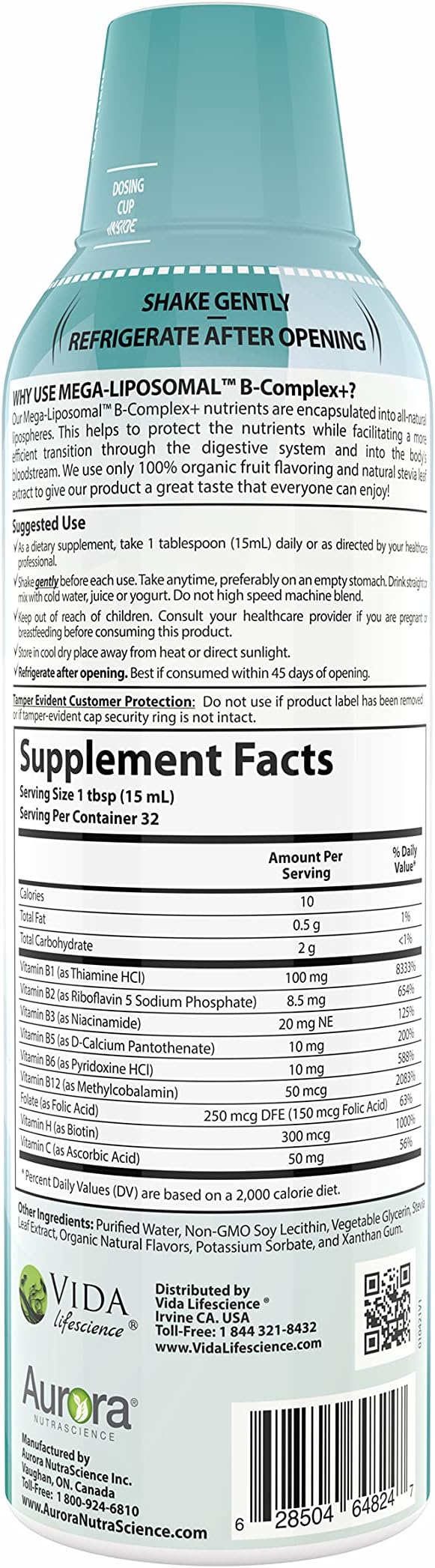 Aurora Nutrascience Mega-Liposomal B-Complex + Vitamin C, Supports Energy, Immune & Nervous System Health, Gluten Free, Non-GMO, Sugar-Free, Organic Fruit Flavor, 32 Servings, 16 Fl oz