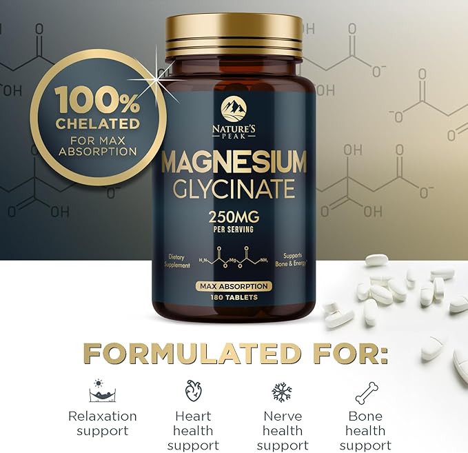 Magnesium Glycinate Chelated for Max Absorption - Supports Bone, Muscle, Nerves & Heart Health, Nature's Sleep and Stress Support, Best Magnesium Supplement Pills for Whole Body Support - 180 Tablets