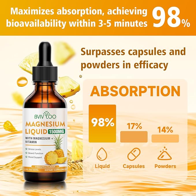 Magnesium Glycinate Liquid, High Absorption Magnesium Liquid Drops with Cellulose Fiber, Bromelain, Vitamins B6 C D & Zinc, Magnesium Supplement for Adults & Kids, Pineapple Flavor - 2 Fl Oz