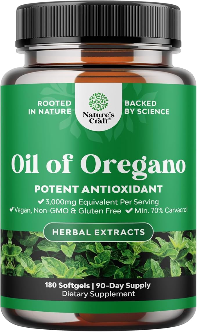 Vegan Wild Oregano Oil Softgels - Super Concentrated Oil of Oregano Softgels with 3000mg Herbal Equivalent and Min 70% Carvacrol for Gut Heart Detox and Immune Support - Vegan & Non-GMO (180CT)