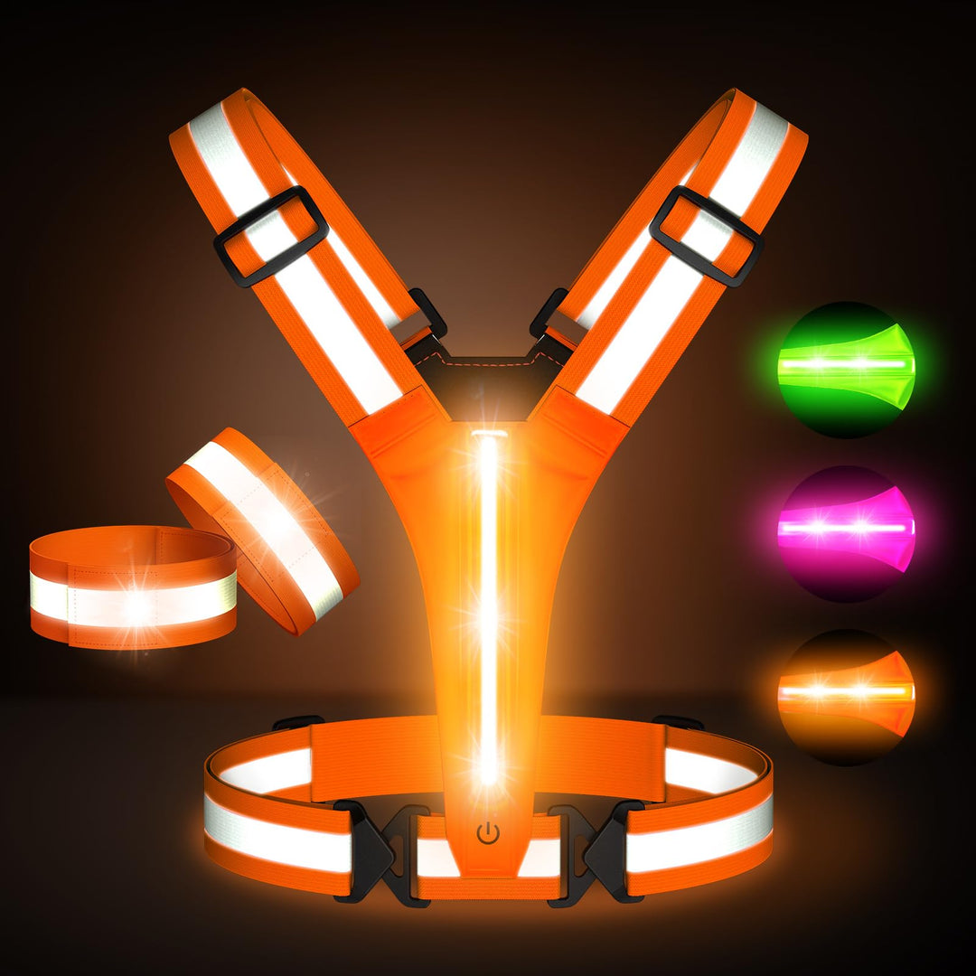 Led Light Up Running Vest Reflective Vest for runners night walking, Rechargeable LED Reflective Running Vest High Visibility with Adjustable Waist/Shoulde, Reflective Armband for Women Men (Orange)
