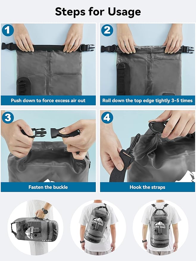 HEETA Dry Bag Waterproof for Women Men, 5L/10L/20L/30L/40L Roll Top Lightweight Dry Storage Bag Backpack with Phone Case for Travel, Swimming, Boating, Kayaking, Camping & Beach, 11 Transparent Colors