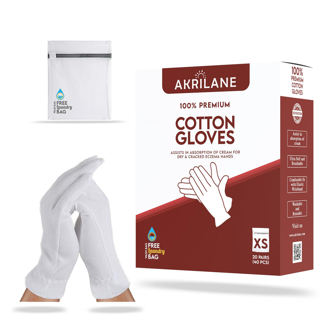 AKRILANE 20 Pairs Cotton Gloves for Dry Hands | Moisturizing Overnight Gloves for Eczema, Psoriasis & Skin Spa Treatment for Women & Men | Washable & Reusable with Free Laundry Bag