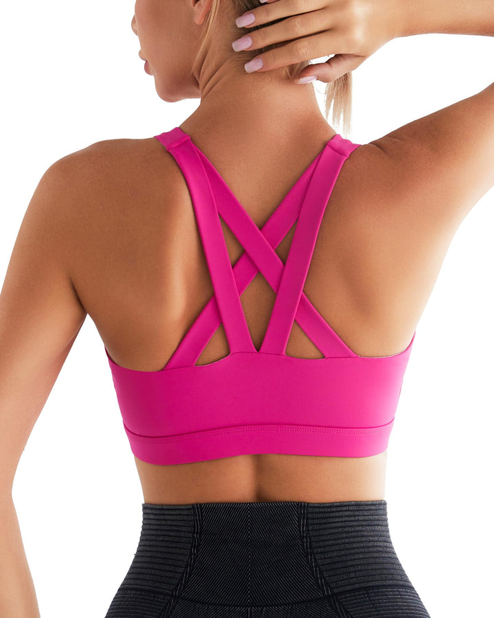 RUNNING GIRL Sports Bra for Women, Criss-Cross Back Strappy Sports Bras Medium Support Yoga Bra with Removable Cups(2575_hot pink_S)