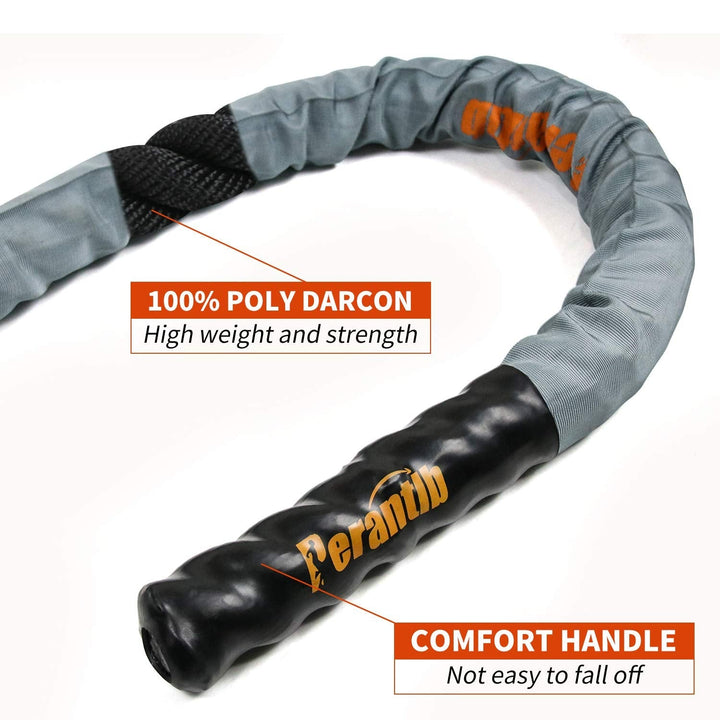 Perantlb Battle Rope with cloth sleeve -1.5/2 Inch Diameter 30' 40' 50' Lengths -Gym Muscle Toning Metabolic Workout Fitness, battle rope Anchor Strap Kit Included (1.5" x 30 ft Length)