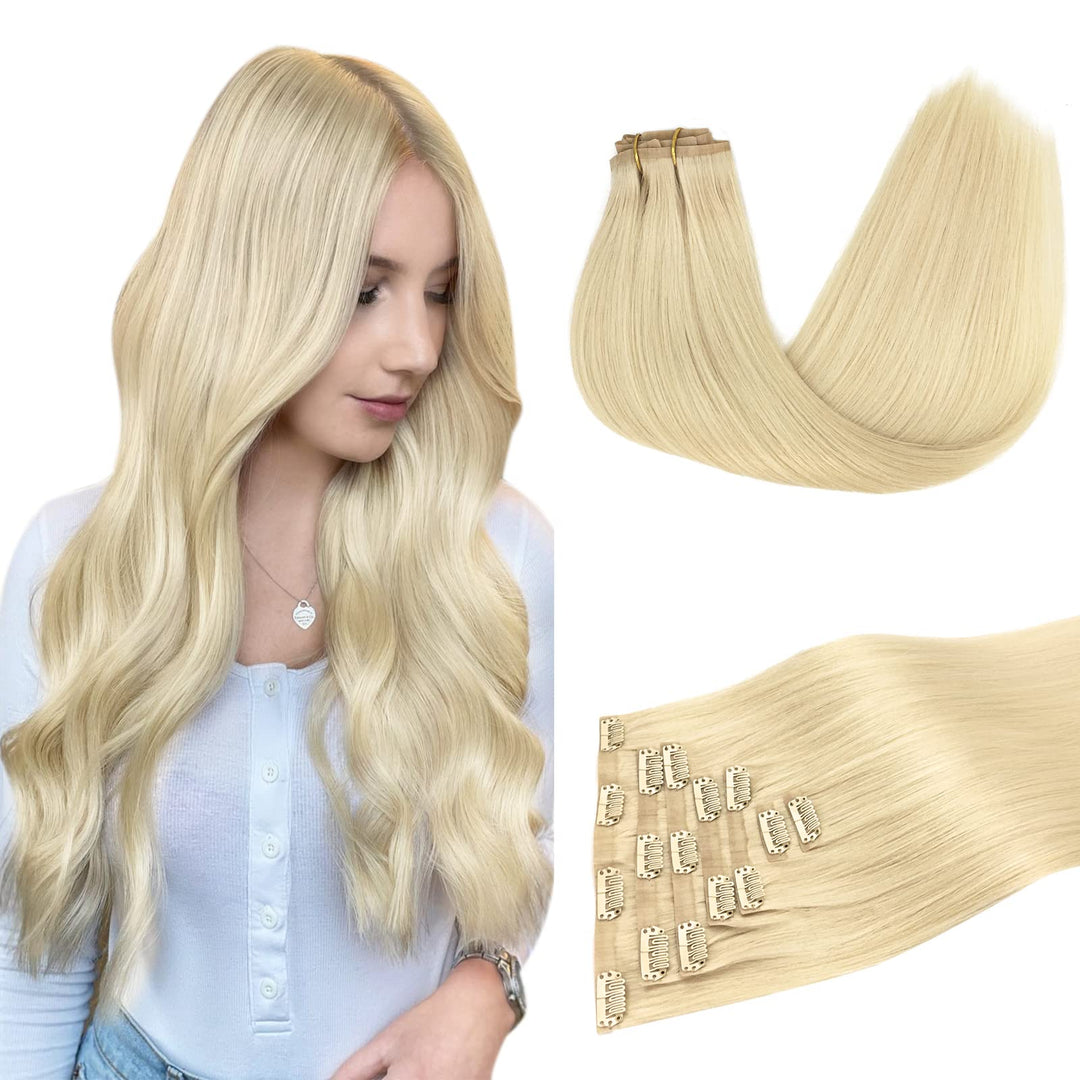 Doores Hair Extensions Real Human Hair, Bleach Blonde 14 Inch 7Pcs 110G, Clip In Hair Extensions Seamless Clip Ins Remy Straight