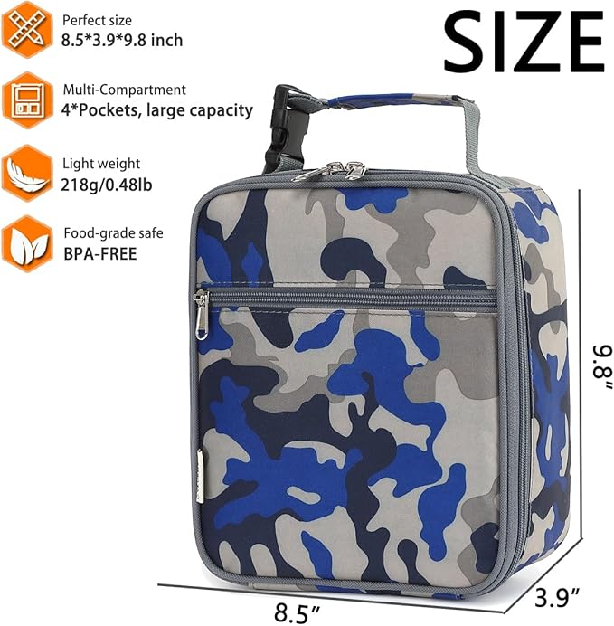 Lunch Box for Kids Boys Girls Men Women, Insulated Small Soft Cooler Lunch Bag Kit for School Work Picnic Travel - Reusable Portable lunchbox,Blue Camouflage