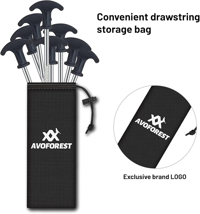 12pcs Heavy Duty Stakes AVOFOREST 8 inch Tent Stakes Portable Camping Stakes for Camping Patio, Garden, Canopies, Grassland, Outdoor (Black)