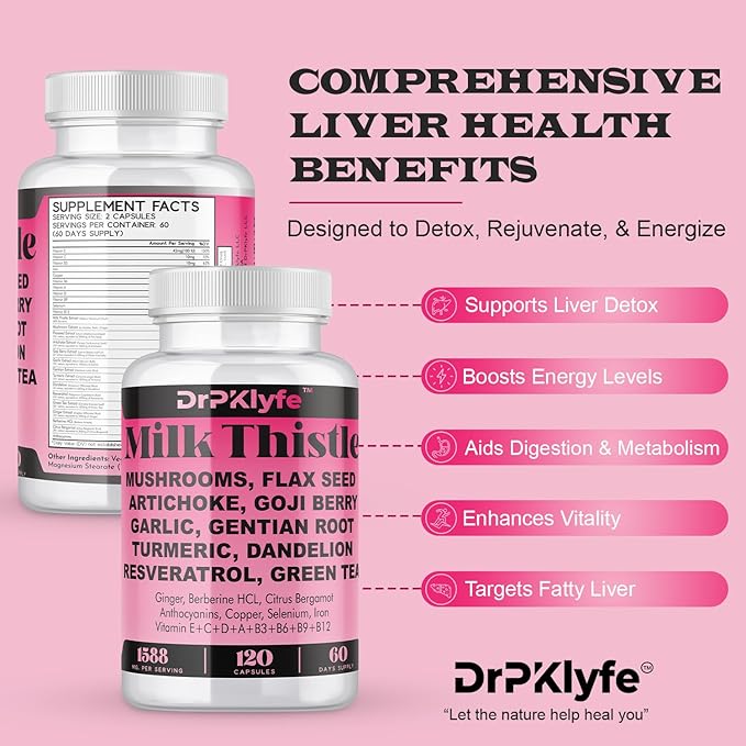 Milk Thistle Capsules for Liver Detox & Cleanse Support – with Dandelion Root, Resveratrol, Artichoke, Moringa, Silymarin – 120 Capsules (60-Day Supply)