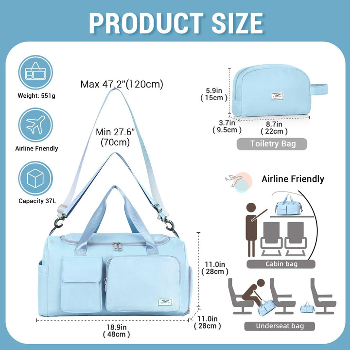 FIORETTO Women's Water-Resistant Gym Duffle Bag with Shoes Compartment, 37L Capacity, Multi-Functional, Ideal for Travel, Gym, Sports, Weekender, with Toiletry Bag, Light Blue
