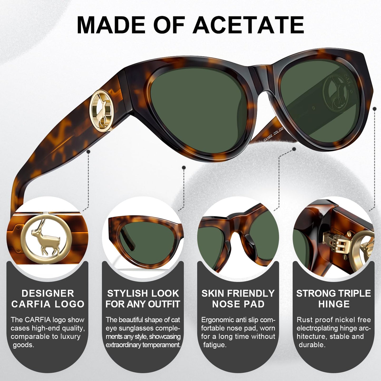 CARFIA Stylish Women's Cat-Eye Polarised Sunglasses Elegant Style for Ladies with Distinctive Antelope Logo in Italian Acetate Frame