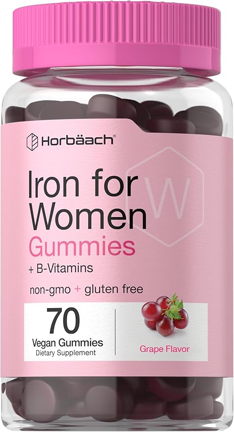 Horbäach Iron Gummies for Women | Supplement with B Vitamins | 70 Count | Grape Flavor | Vegan, Non-GMO & Gluten Free