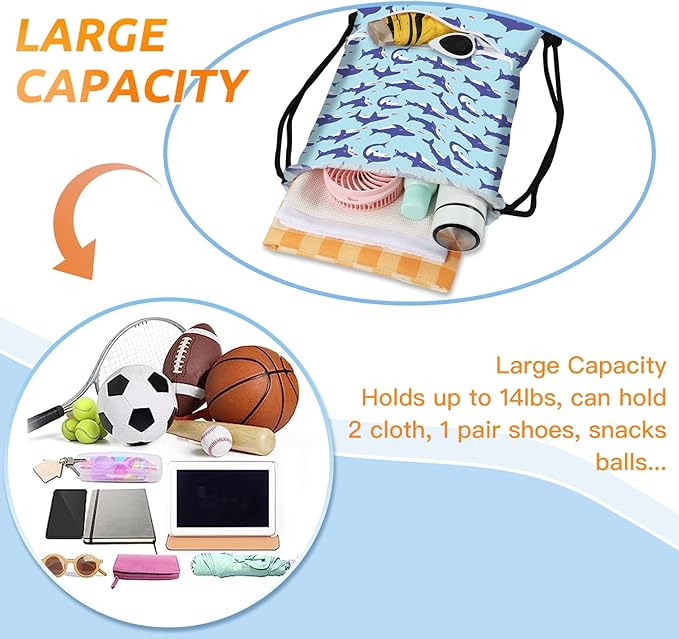 Slohif Drawstring Backpack Beach Swim Bag for Kids Little Sharks Draw String Dance Travel Cinch Ballet Gym Bags for Girls Boys Waterproof Backpack for Swimming Summer Camp Pool Sports Nylon Large