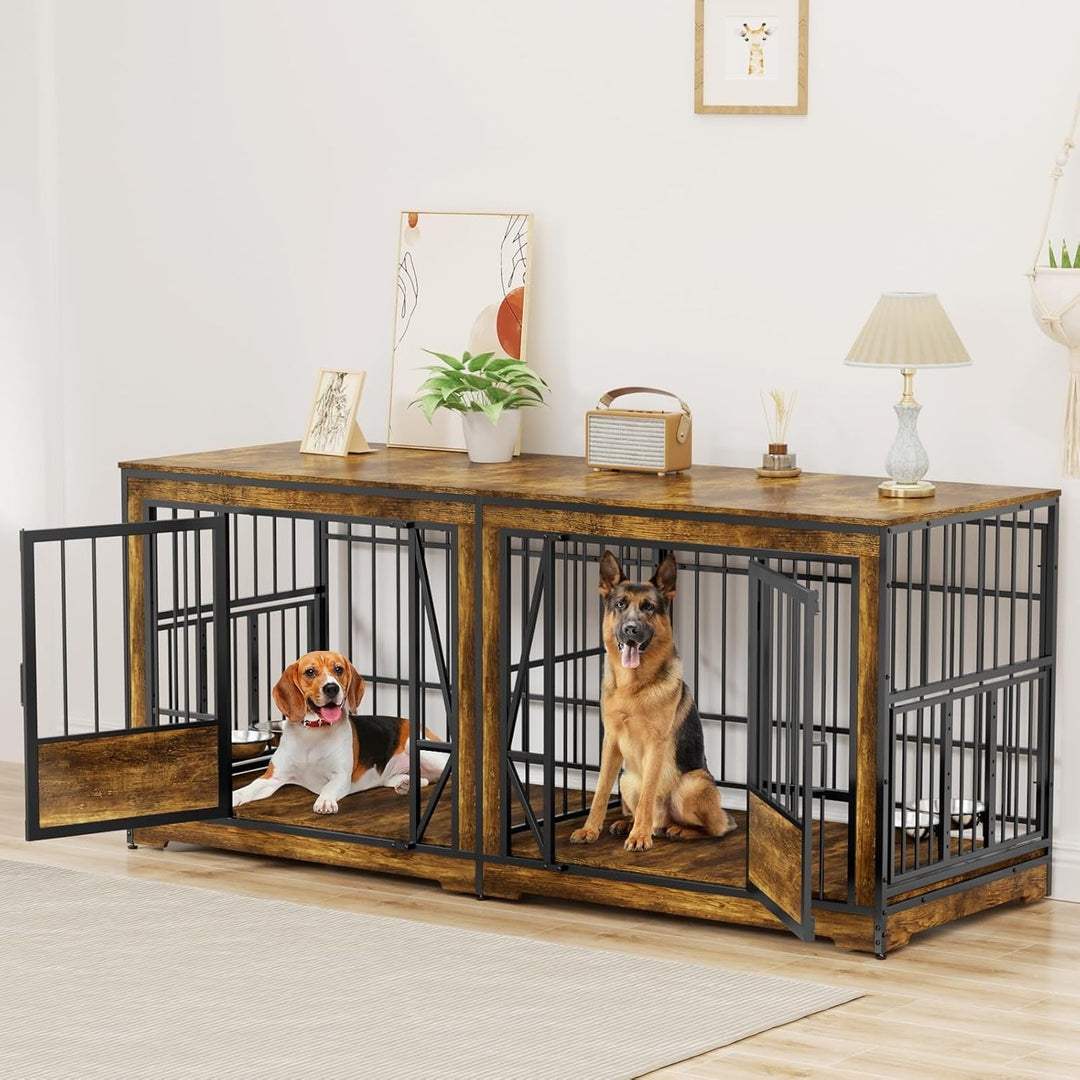 71 Inch Double Dog Crates Furniture for Large Dogs, Heavy Duty Dog Kennel Indoor with Adjustable Divider and 4 Bowls, XXL Dog Cage Furniture TV Stand Table for 2 Large Dogs, Brown