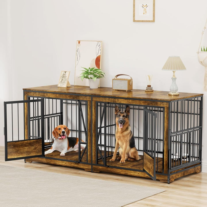 71 Inch Double Dog Crates Furniture for Large Dogs, Heavy Duty Dog Kennel Indoor with Adjustable Divider and 4 Bowls, XXL Dog Cage Furniture TV Stand Table for 2 Large Dogs, Brown