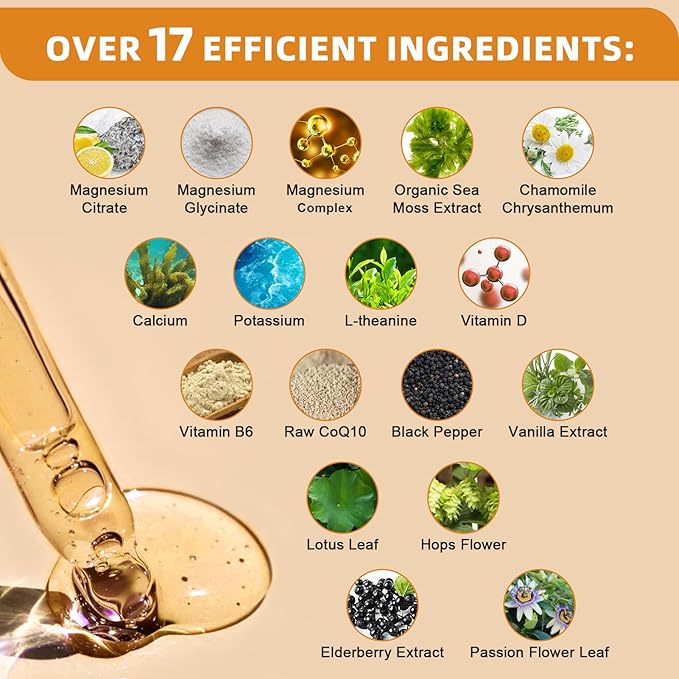 Magnesium Glycinate Liquid Drop - 17-in-1 Triple Absorption Magnesium Supplement with Magnesium Glycinate 400mg & Citrate 500mg for Calm Mood/Muscle & Sleep,4 fl. oz Pineapple Flavor