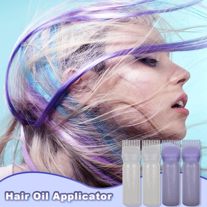 FZWONVUC 4 Pack Root Comb Applicator Bottle, Hair Oil Comb Applicator for Hair Dye, Shampoos, Salons (White+Purple)