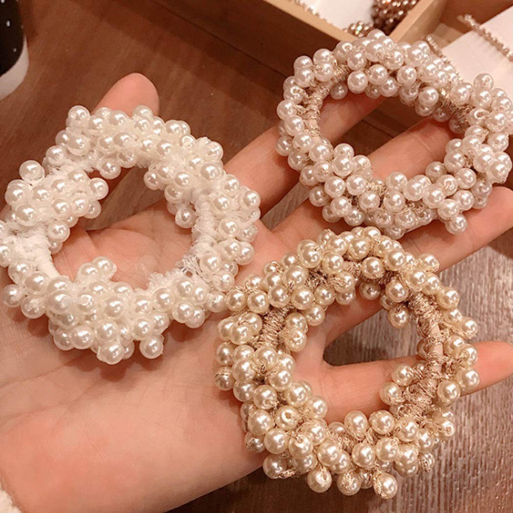 Unicra Pearl Hair Ties Beaded Fashion Elastic Hair Scrunchies Set Fancy Pearls Decorative Ponytail Holder Hair Accessories For W