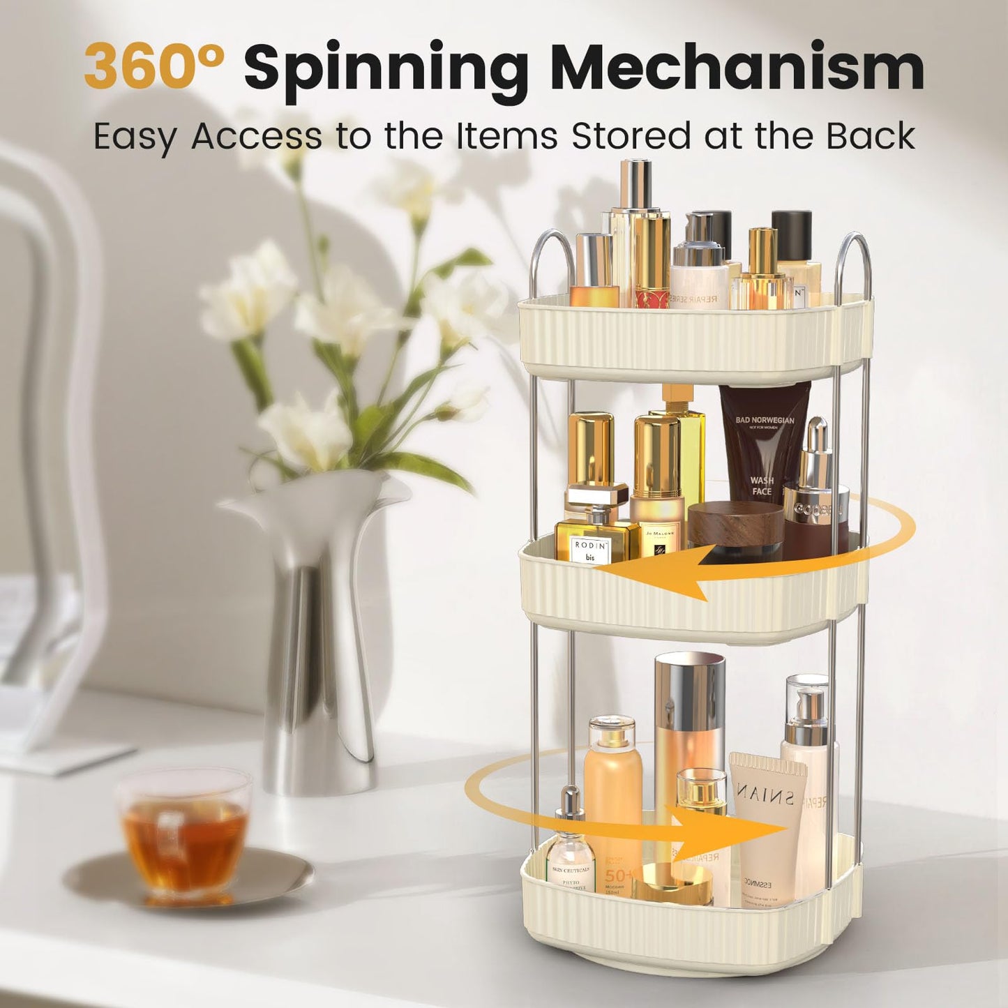 Accwork Rotating Makeup Organiser, 3 Tiers Spinning Cosmetics Storage Organiser Perfume Stand for Bathroom, Bedroom, Dressing Table, White
