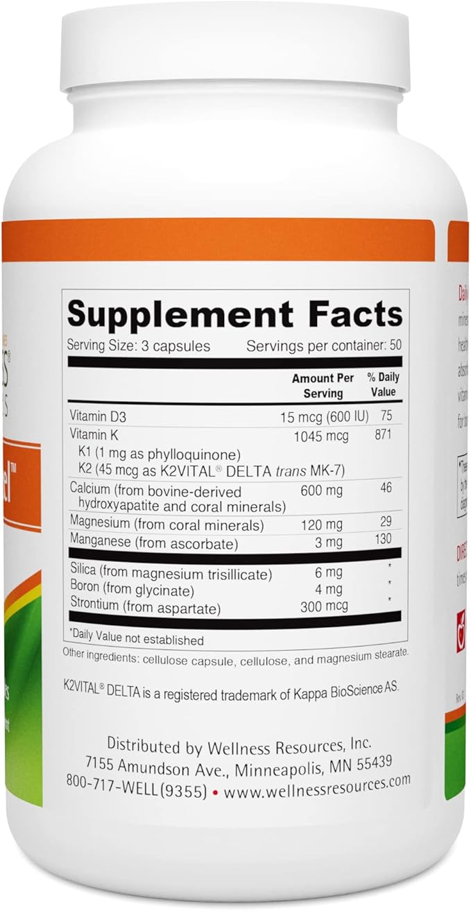 Wellness Resources Daily Bone Xcel - Bone Support and Calcium Supplement with MCHC/MCHA Calcium, Magnesium, Vitamin D3 and K2 |150 Capsules, Sugar-Free, Non-GMO, Gluten-Free, Dairy-Free