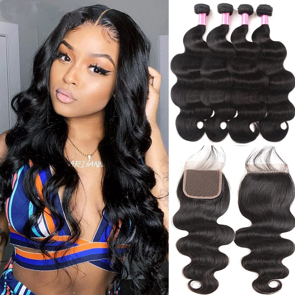 Yisea 12A Brazilian Body Wave Bundles With Closure(12 14 16 18+10 Closure) Human Hair 4 Bundles With 4X4 Lace Closure Braziian V