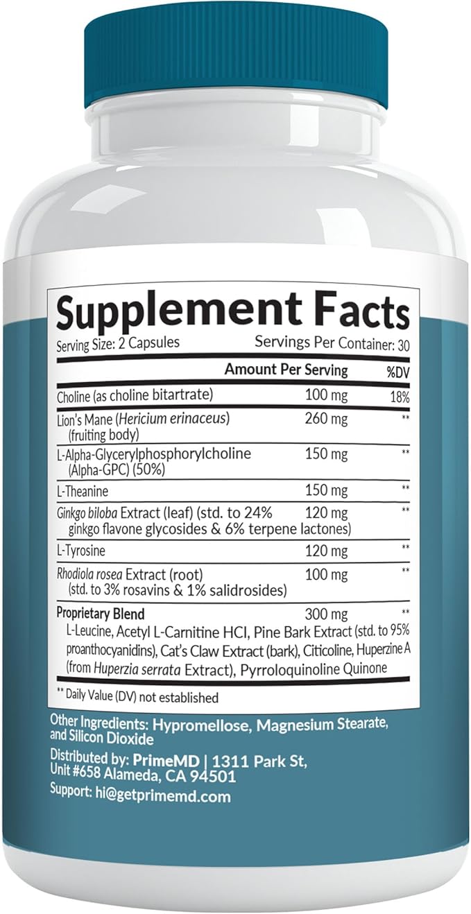 14-in-1 Lions Mane Supplement Capsules - Nootropic Brain Supplement with Ginkgo Biloba for Brain Support, Memory and Focus - Alpha GPC, L Theanine & Choline Supplements with 1300mg Per Serving (60 ct)