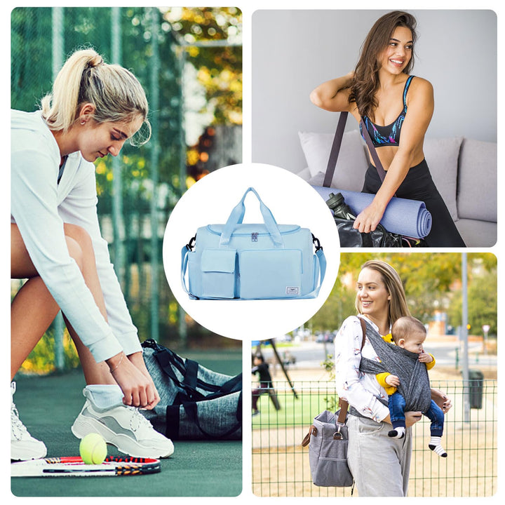 FIORETTO Women's Water-Resistant Gym Duffle Bag with Shoes Compartment, 37L Capacity, Multi-Functional, Ideal for Travel, Gym, Sports, Weekender, with Toiletry Bag, Light Blue