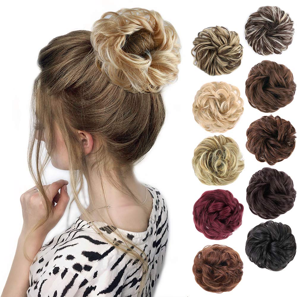 Morica 1Pcs Messy Hair Bun Hair Scrunchies Extension Curly Wavy Messy Synthetic Chignon For Women (Ash Blonde & Bleach Blonde)