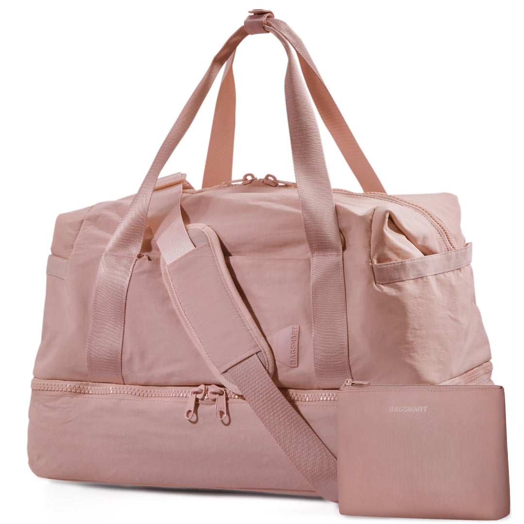 Weekender Bags for Women, BAGSMART Travel Duffel Bags with Shoe Compartment,Personal Item Travel Bag for Airlines, Carry on Overnight Tote Bag with Toiletry Bag (Dark Pink)