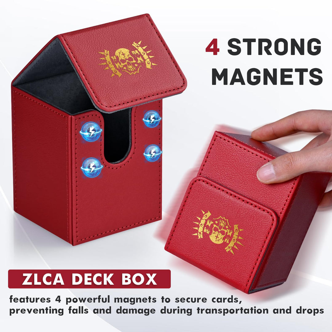 ZLCA Card Deck Box for MTG Cards with 2 Dividers, Card Storage Box Fits 100+ Single Sleeved Cards, PU Leather TCG Card Deck Case Holder for Magic Commander Yugioh (Red,Hammer)
