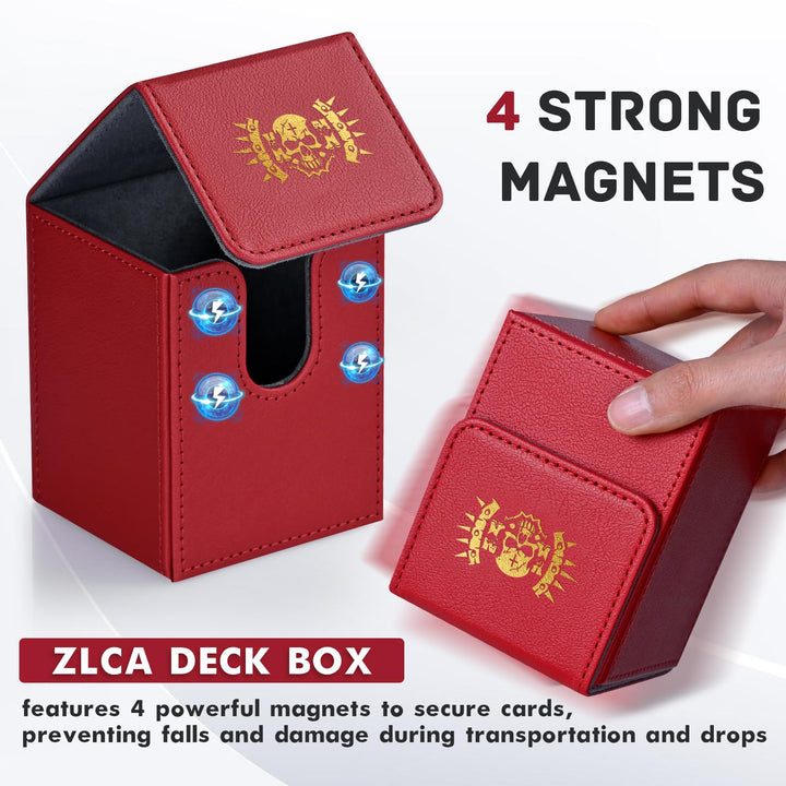 ZLCA Card Deck Box for MTG Cards with 2 Dividers, Card Storage Box Fits 100+ Single Sleeved Cards, PU Leather TCG Card Deck Case Holder for Magic Commander Yugioh (Red,Hammer)