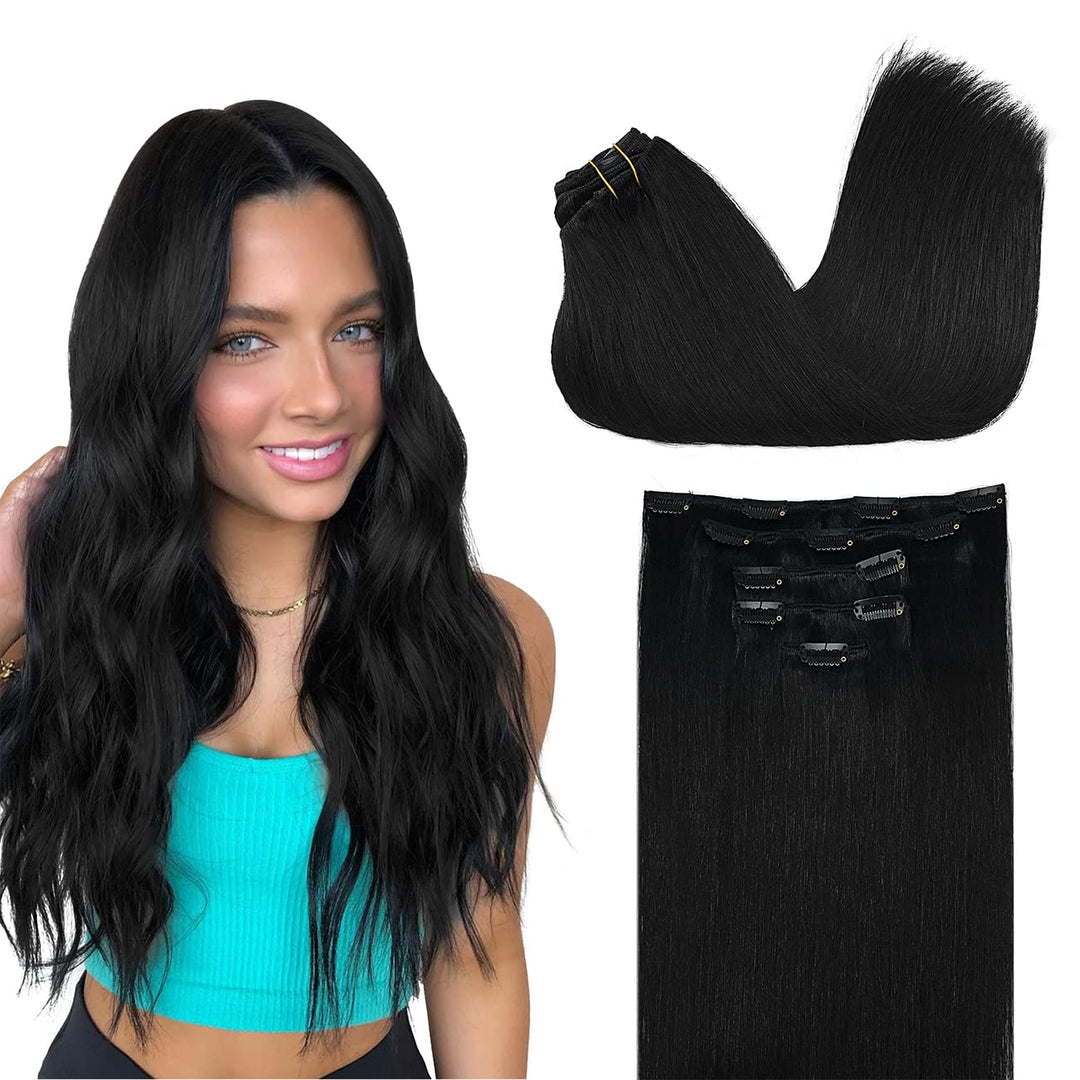 Doores Clip In Human Hair Extensions, 80G 5Pcs Jet Black 20 Inch Remy Hair Extensions Clip In Natural Straight Real Hair Extensi