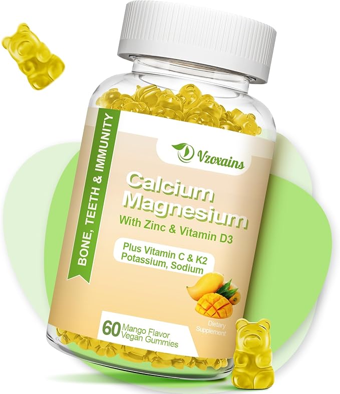High Absorption Calcium Gummies, Calcium Magnesium Zinc with Magnesium Glycinate, Potassium, Vitamin D3 for Women & Men- Mango Flavor 60 Cts